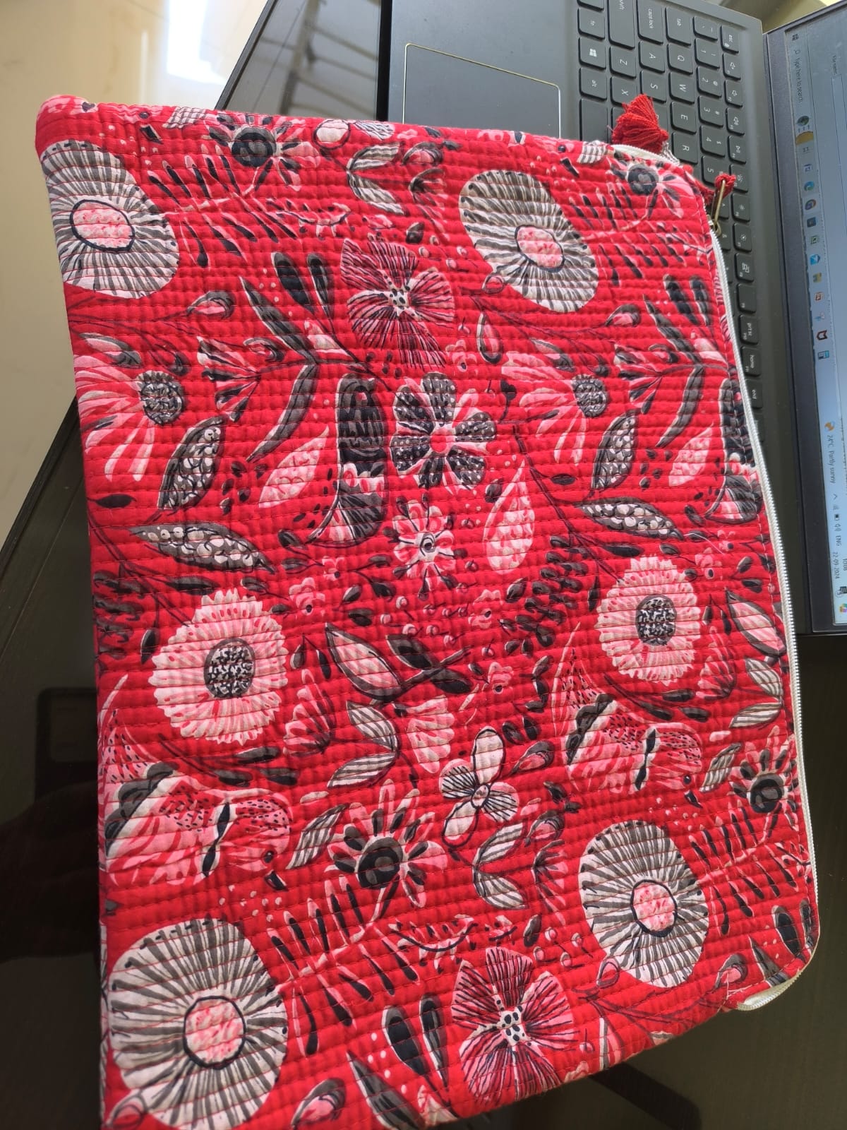 Gorgeous Red Grey Floral Hand Block Cotton Quilted Laptop Sleeve | Laptop Protector