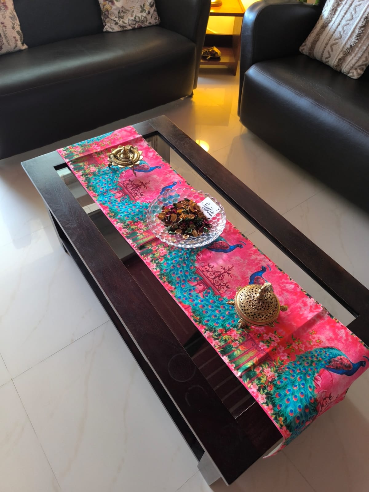 Sajja Enchanting Pink Peacock Silk Table Runner (12 x 72 inches)