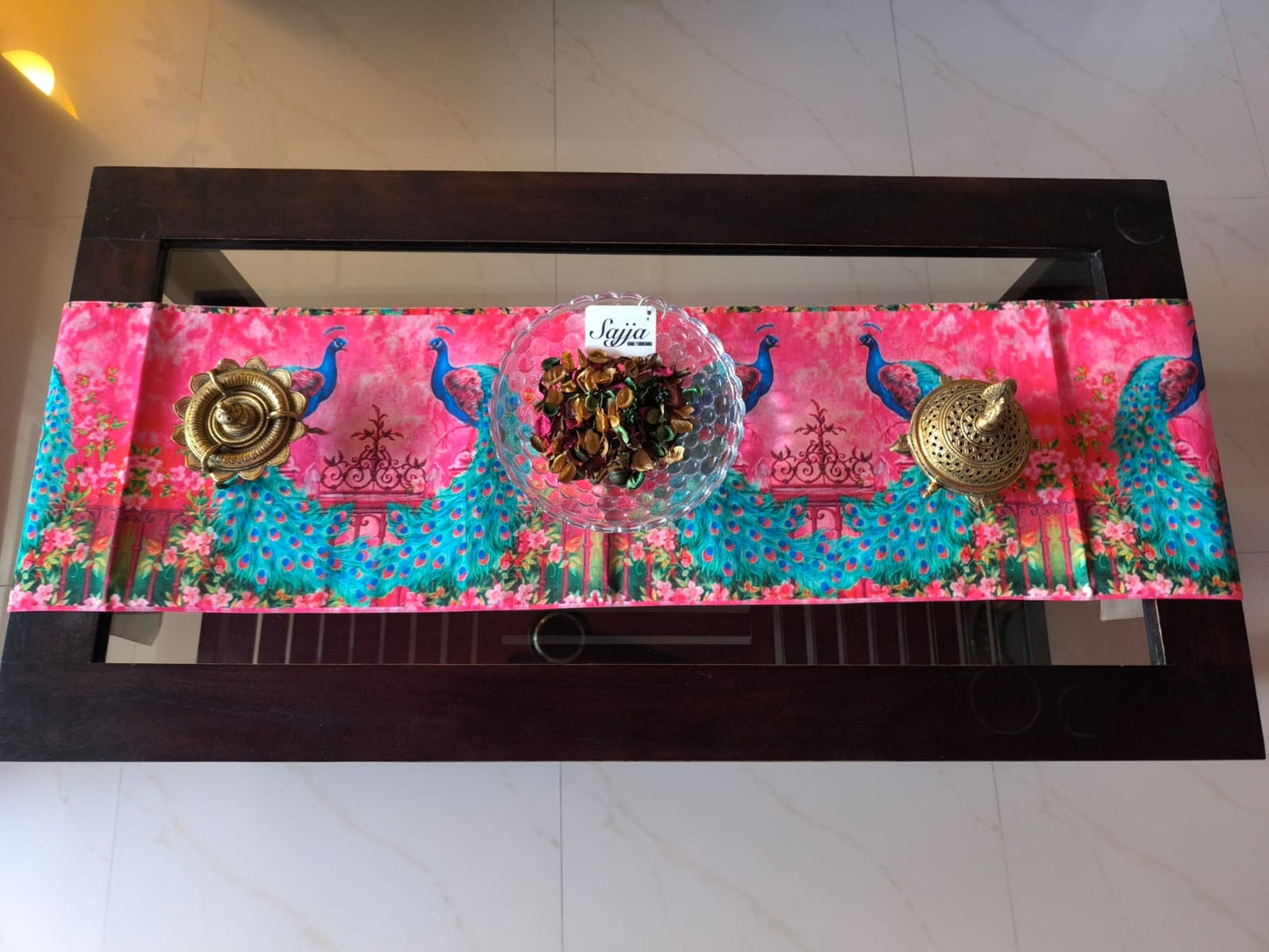 Sajja Enchanting Pink Peacock Silk Table Runner (12 x 72 inches)