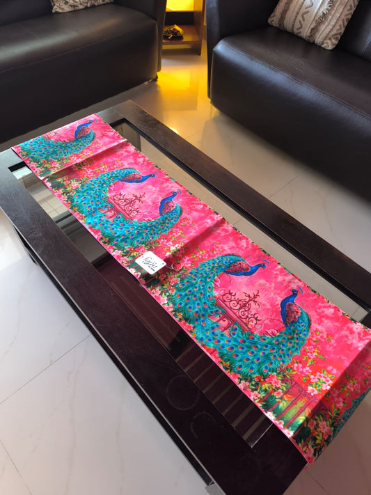 Sajja Enchanting Pink Peacock Silk Table Runner (12 x 72 inches)