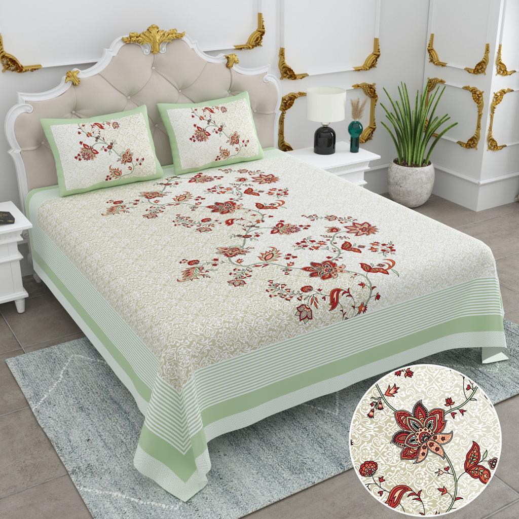 Handblock Green White Floral Pure Cotton  King Double Bedsheet