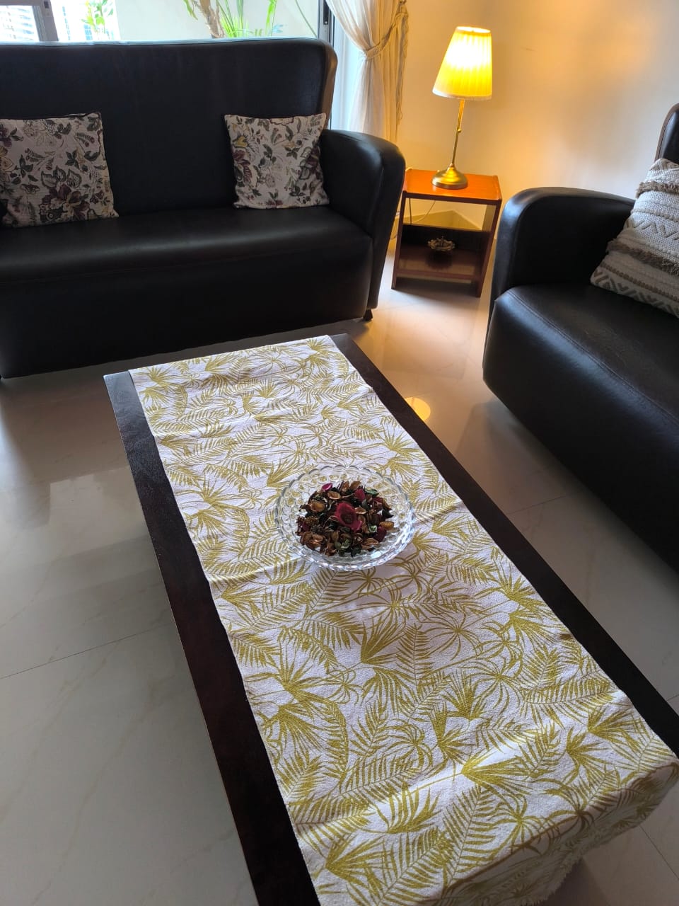 Organic Cotton Reversible Light Yellow Floral Table Runner Cover (L-60in, W-19in)