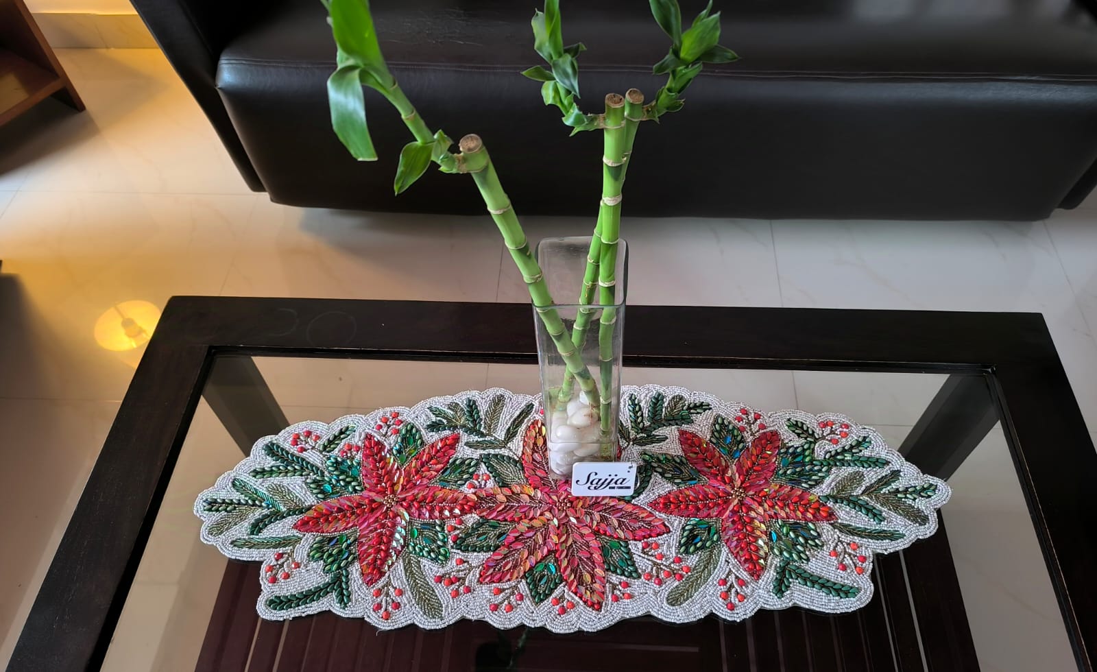 Rich Red Green Poinsettia Floral Handwoven Beads Table Runner