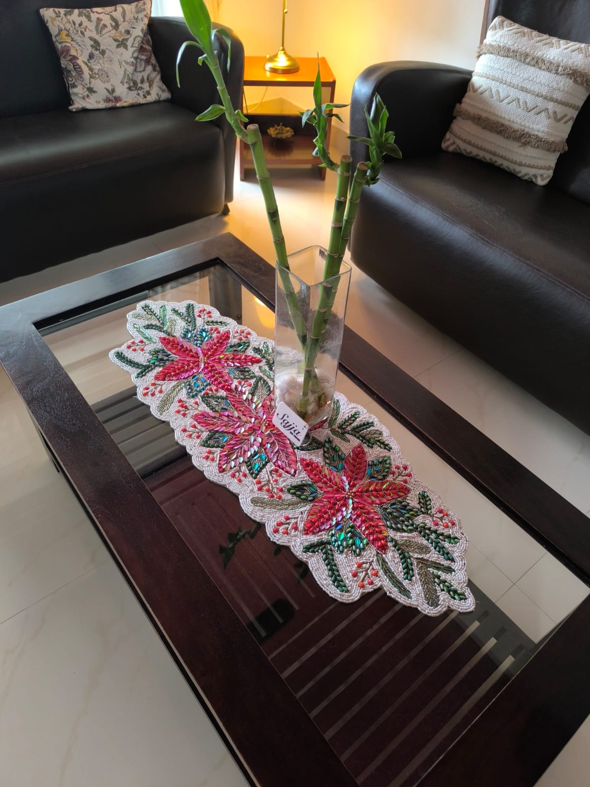 Rich Red Green Poinsettia Floral Handwoven Beads Table Runner