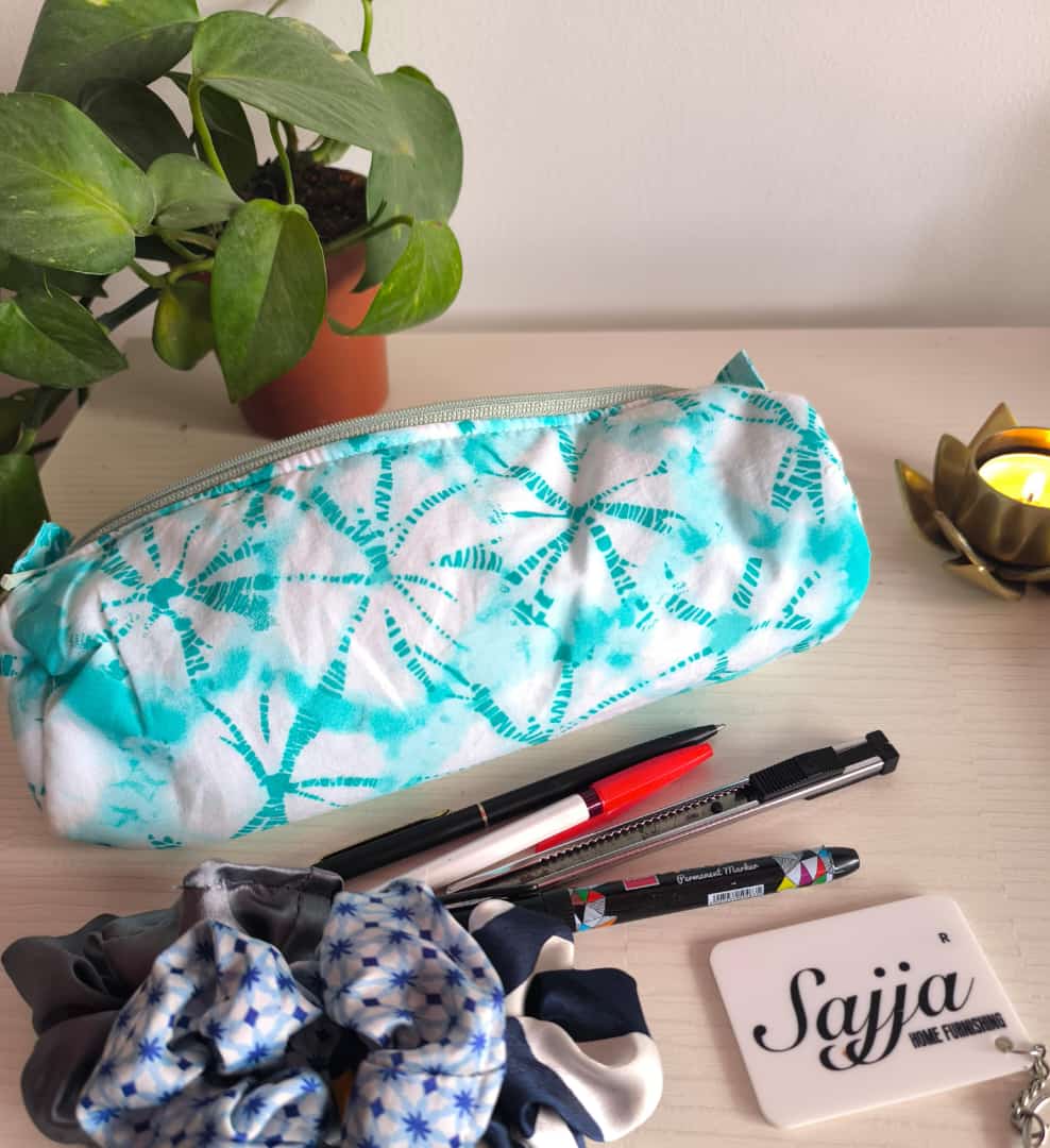 Buy Stylish Ikat White Teal Zipper Round Pencil Pouch Sanitary Napkin Bag Cosmetic Bag Travel