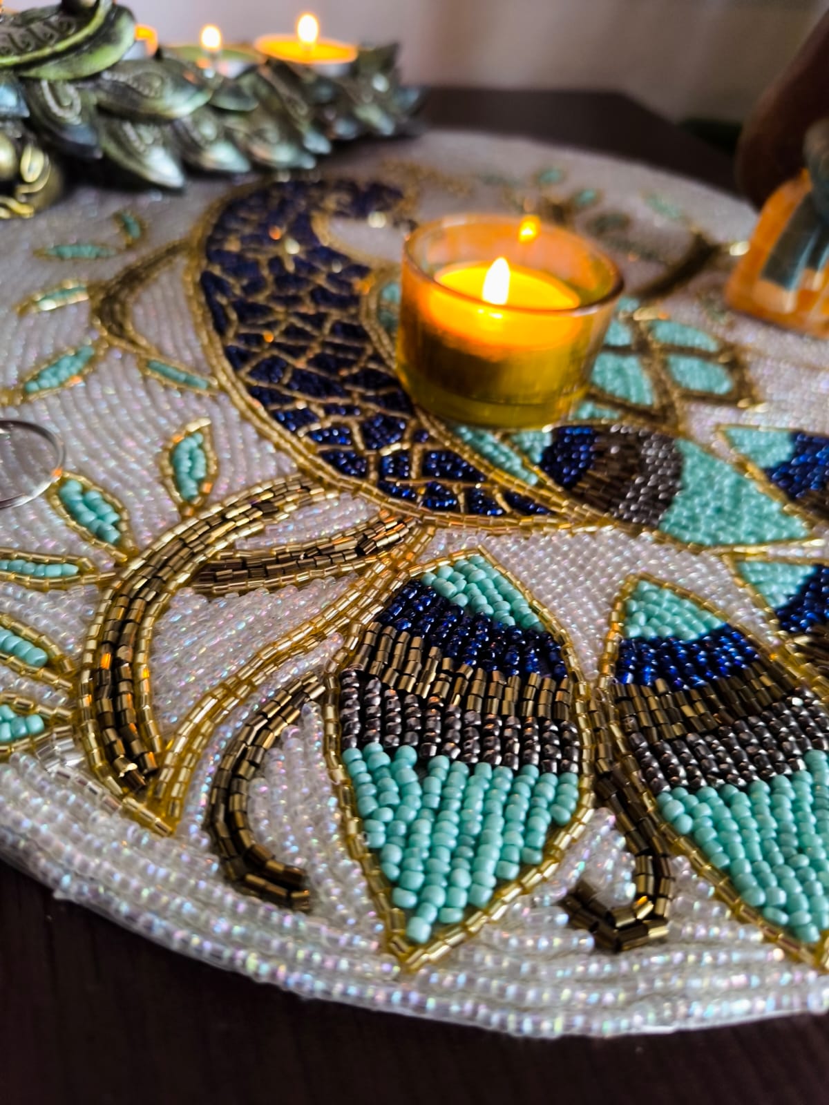 Designer Royal Peacock Gold Green Blue Beads Placemat Table Mat