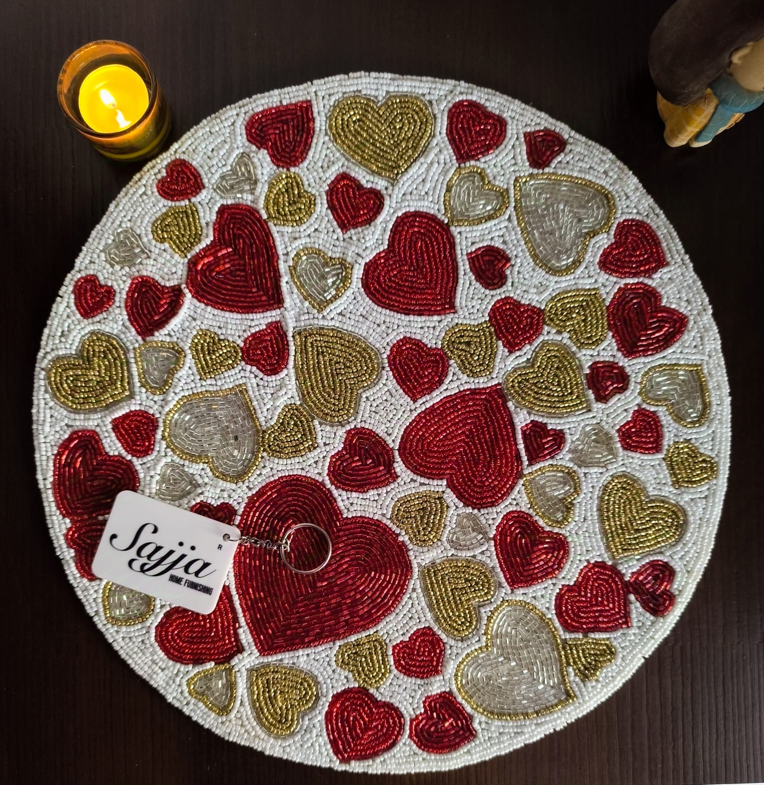 White Gold Red Silver Hearts Multicolour Beads Round Mat Table Placemat