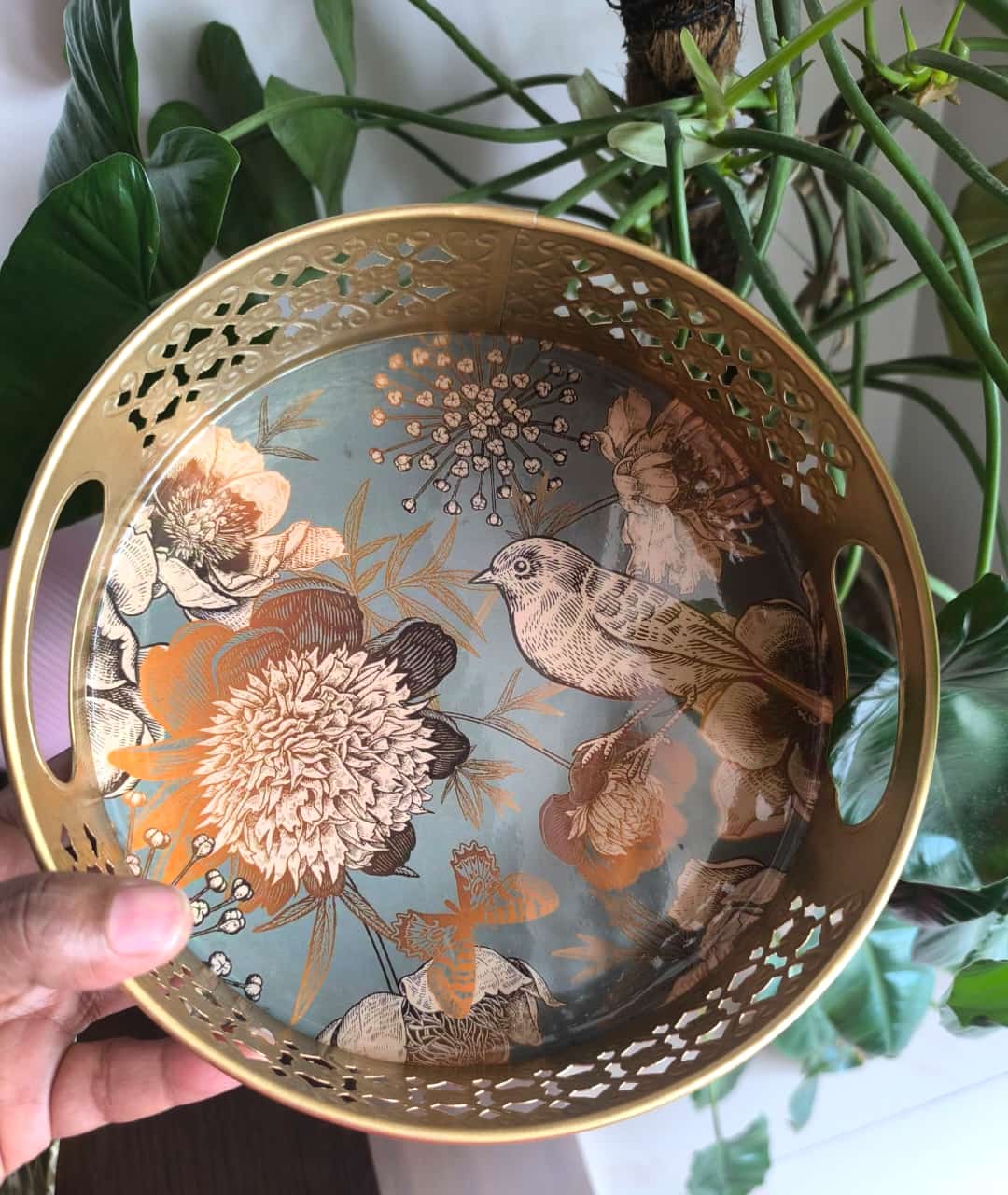 Buy Round Pichwai Kuku Bird Metal Decorative Tray ( 8 inches)