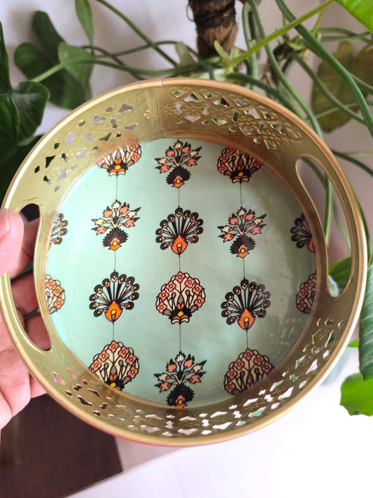 Round Floral Teal  Metal Decorative Tray (6" inches)