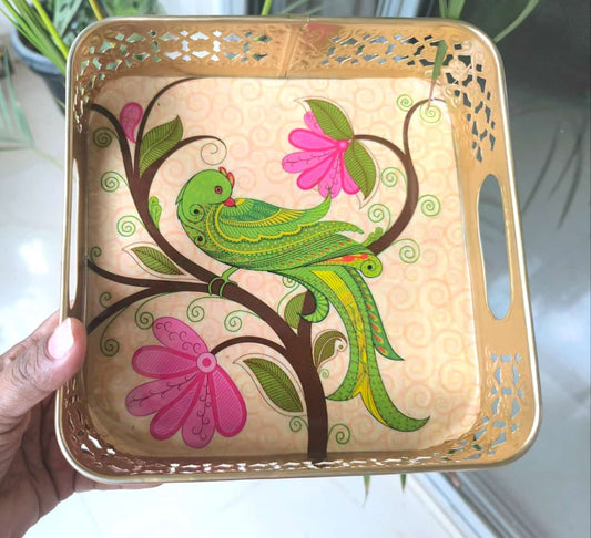 Magnificent Parrot Bird Floral Decorative Tray (8 x8 inches)