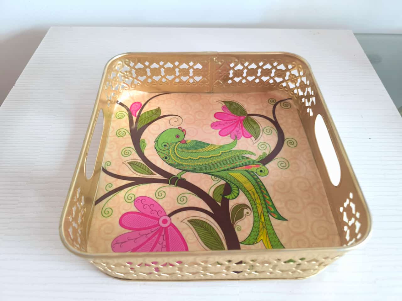 Magnificent Parrot Bird Floral Decorative Tray (8 x8 inches)