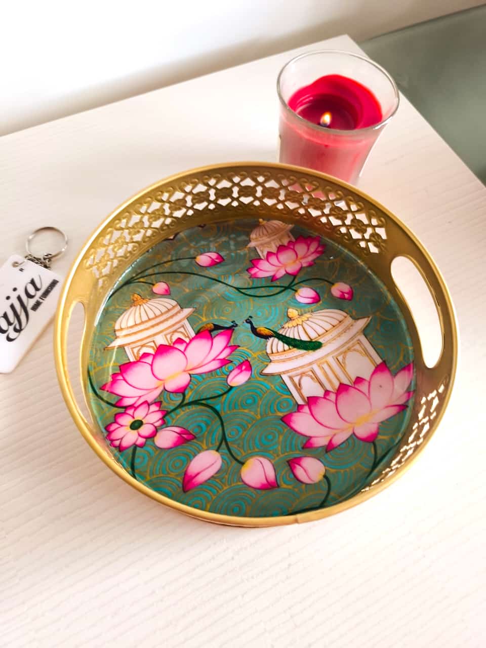 Round Gold Jade Green Kamal Peacock 8 inches Tray