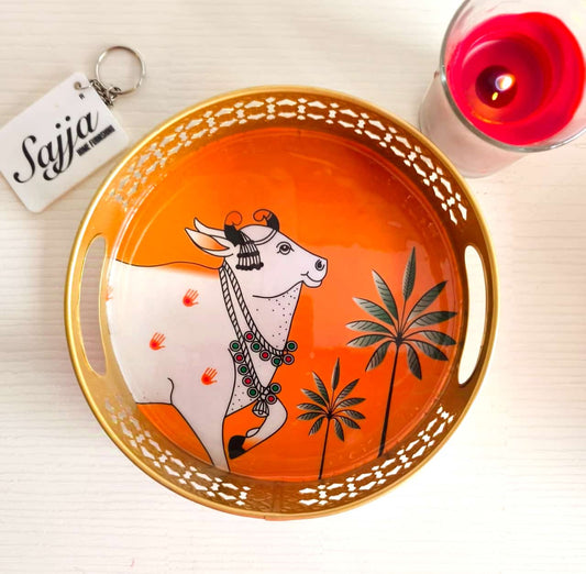 Gold Round Pichwai Metal Round Tray Orange Decorative Tray