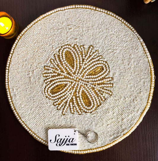 Elegant Designer Ivory Pearl Floral Beaded Table Placemat