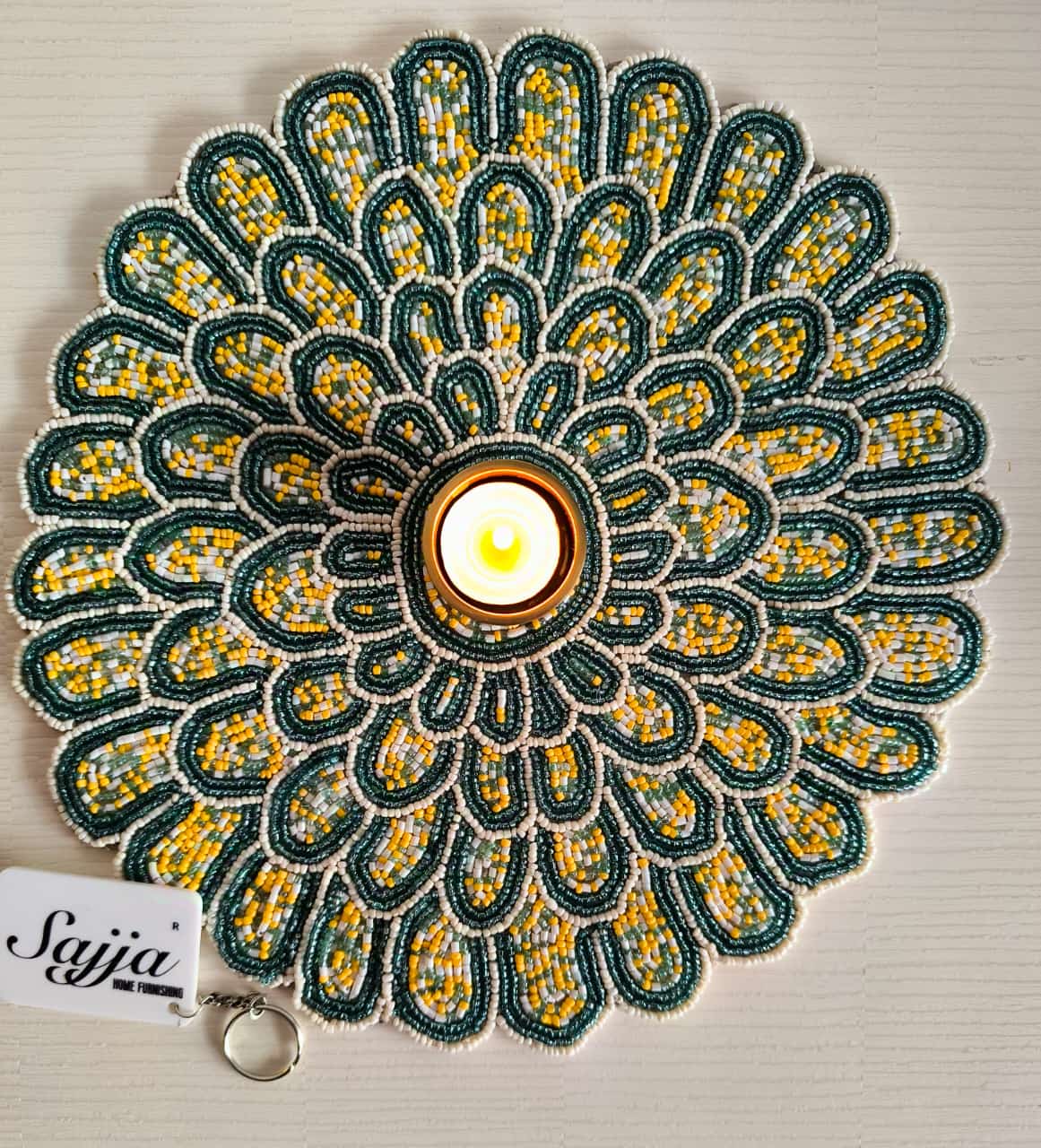 Designer Gold Teal  Green Trellis Embroidered Glass n Beads Mat