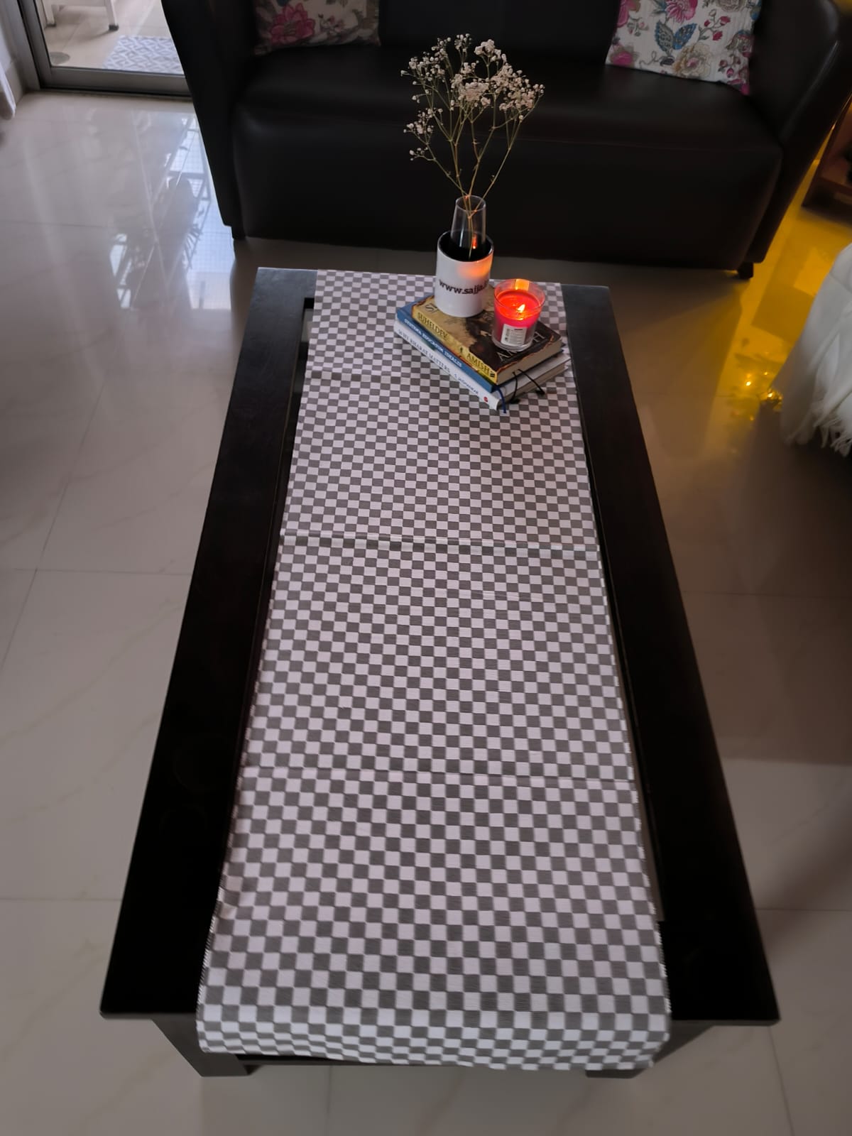 Grey White Checks Cotton Canvas Table Runner (L-50in, W-16in)