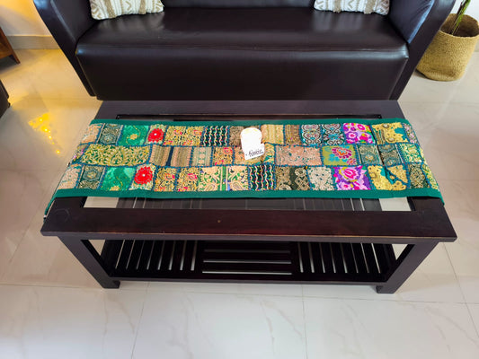 Antique Ethnic Embroidered Green Cotton Table Runner (14 x 60 inches)