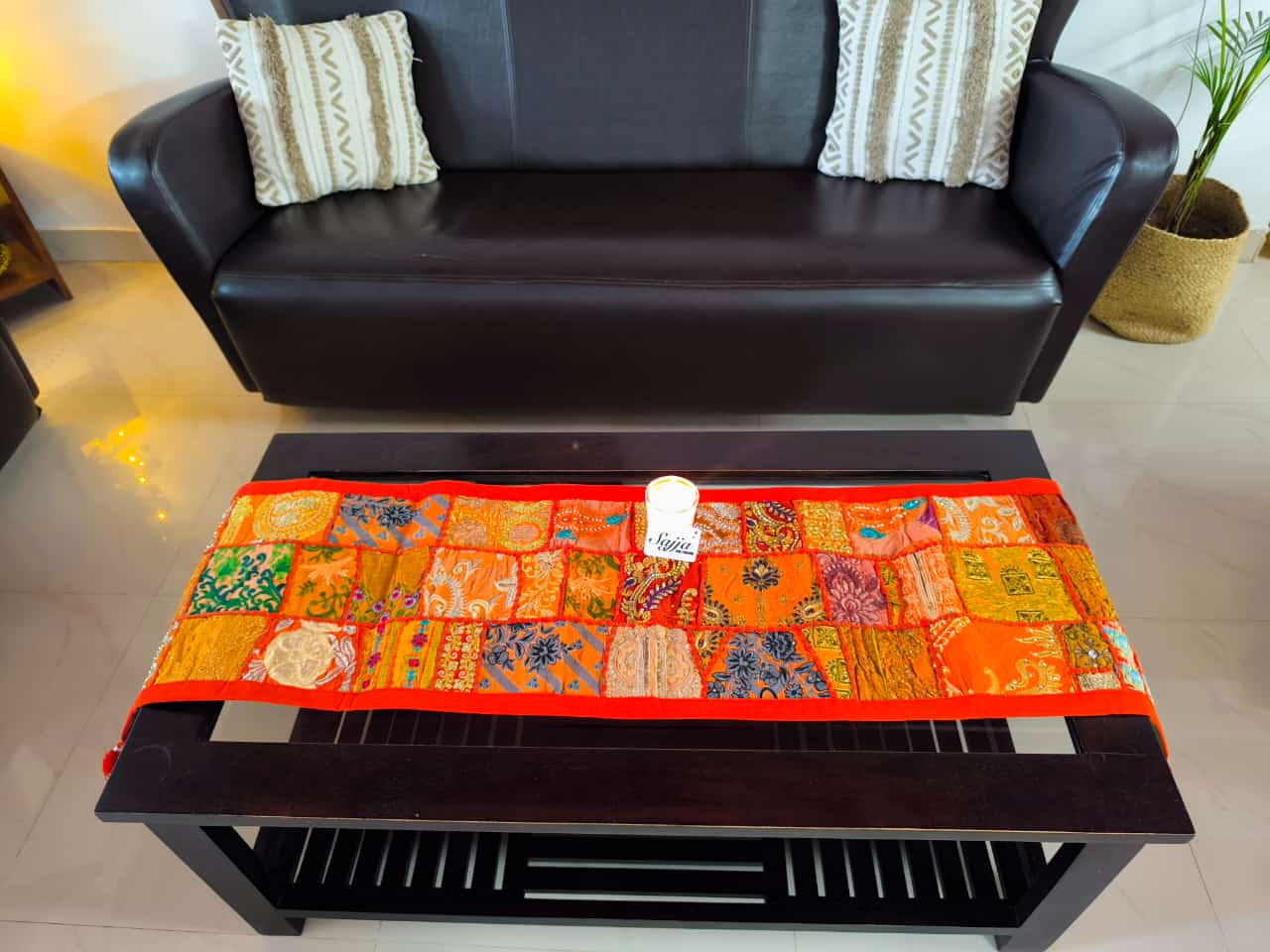 Orange Patchwork Embroidered Cotton Khambadiya Patchwork Table Runner