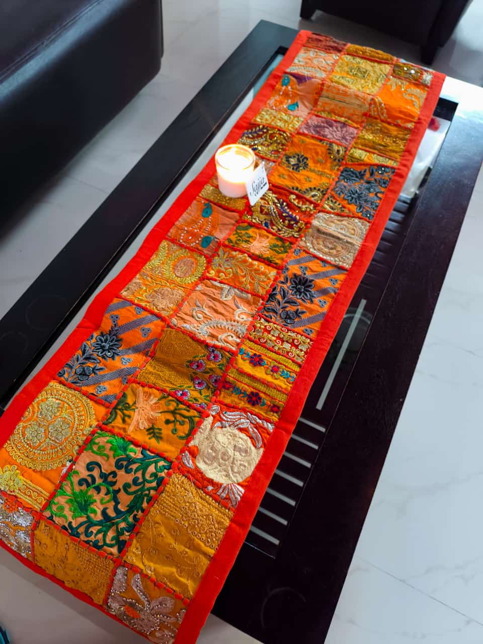 Orange Patchwork Embroidered Cotton Khambadiya Patchwork Table Runner