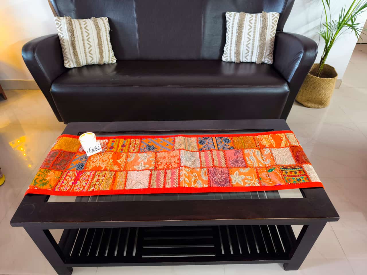 Ethnic Khambadiya Embroidery Orange Cotton Table Runner ( 14x 60 inches)