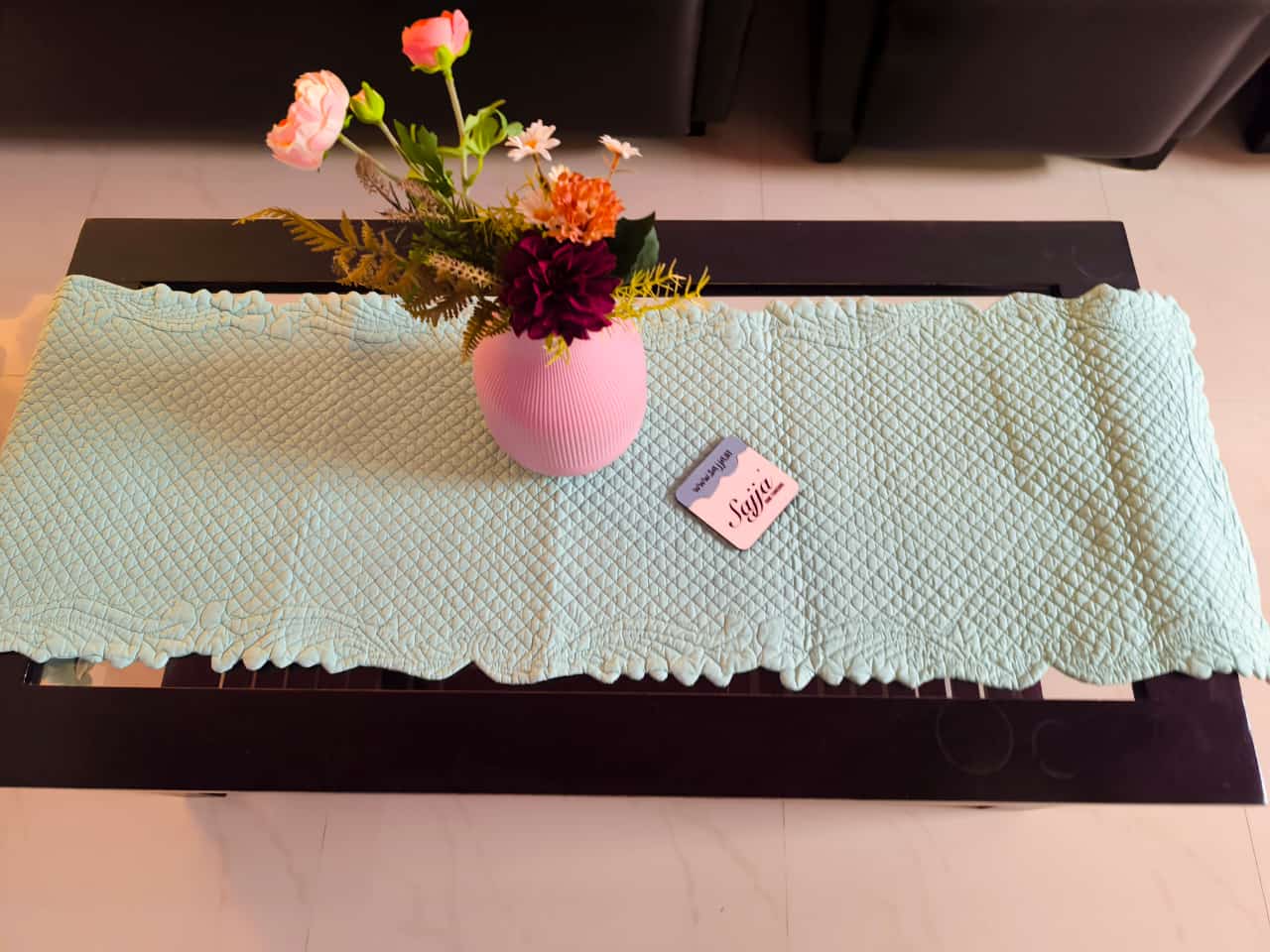 Modern Sea Green Quilted Table Runner Cover (L-55in, W-16in)