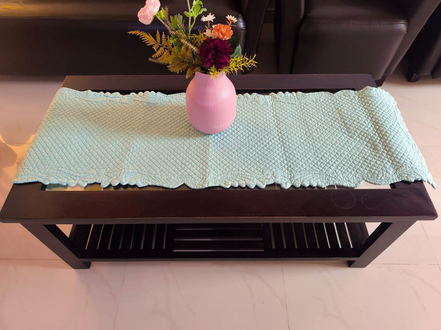 Modern Sea Green Quilted Table Runner Cover (L-55in, W-16in)