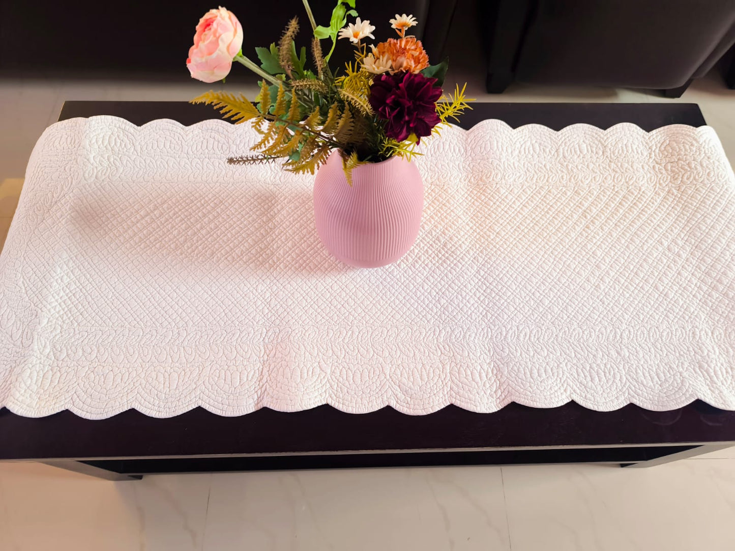 Organic Cotton Reversible White Quilted Table Runner Cover (L-60in, W-20in)