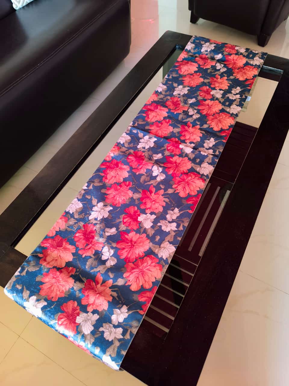 Designer Blue Pink Floral Velvet Table Runner 12 x 72 inches