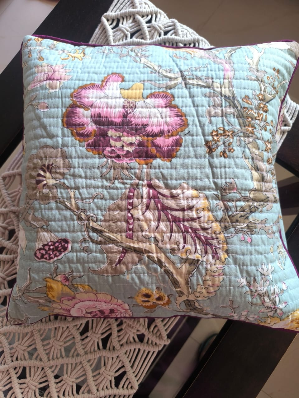 Chintz Aqua Anokhi Print Quilted Cushion Covers Floral Bird ( Set of 5,16 by 16 inches )