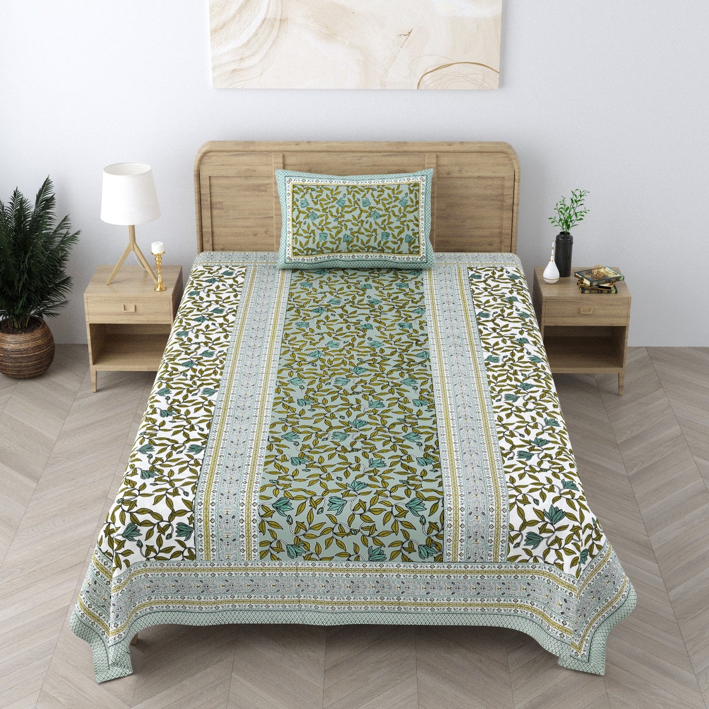 Pure Cotton Hand block Green Blue Floral Single Bedsheet (60x 90in)