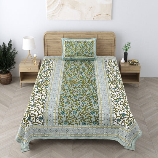 Pure Cotton Hand block Green Blue Floral Single Bedsheet (60x 90in)