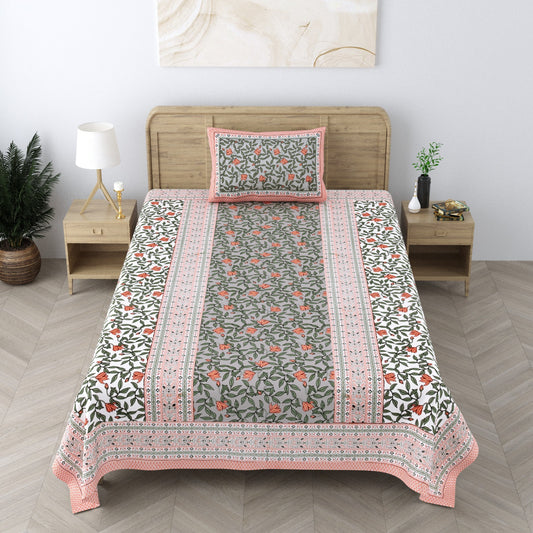 Pure Cotton Hand block Motif Orange Peach Single Bedsheet (60x 90in)