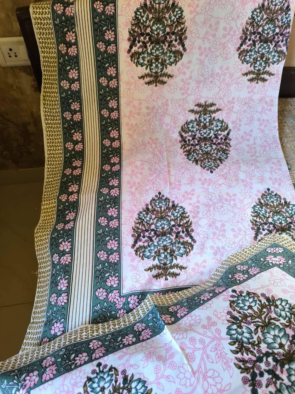 Handblock Print Pure Cotton Green Butta with Pink Jaal Single Bedsheet (60 x 90in)