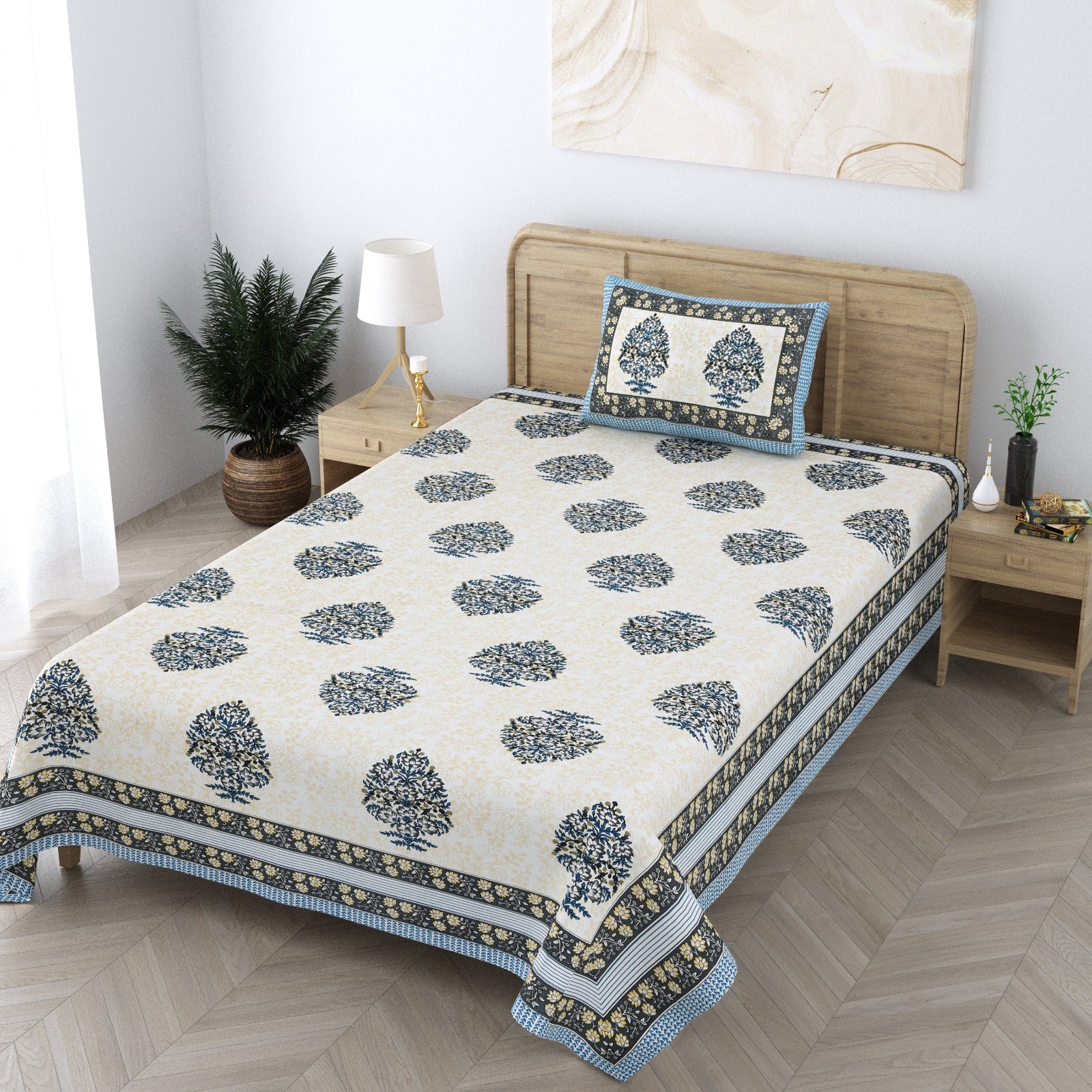 Handblock Print Pure Cotton Blue Butta with Yellow Jaal Single Bedsheet (60 x 90in)