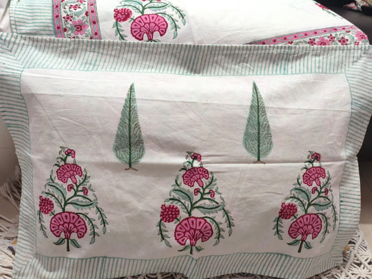 Vintage Royal Handblock Pink White Pure Cotton Double Bedsheet King (9 feet x 9 feet)