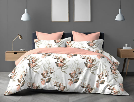 Deluxe Premium Cotton Water Colour  Collection Peach Floral Double Bedsheet Super King 9f x 9f