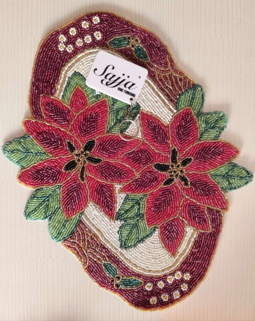 Pretty Poinsettia Rich Red Maroon Floral Beads Oval Table Placemat Mat