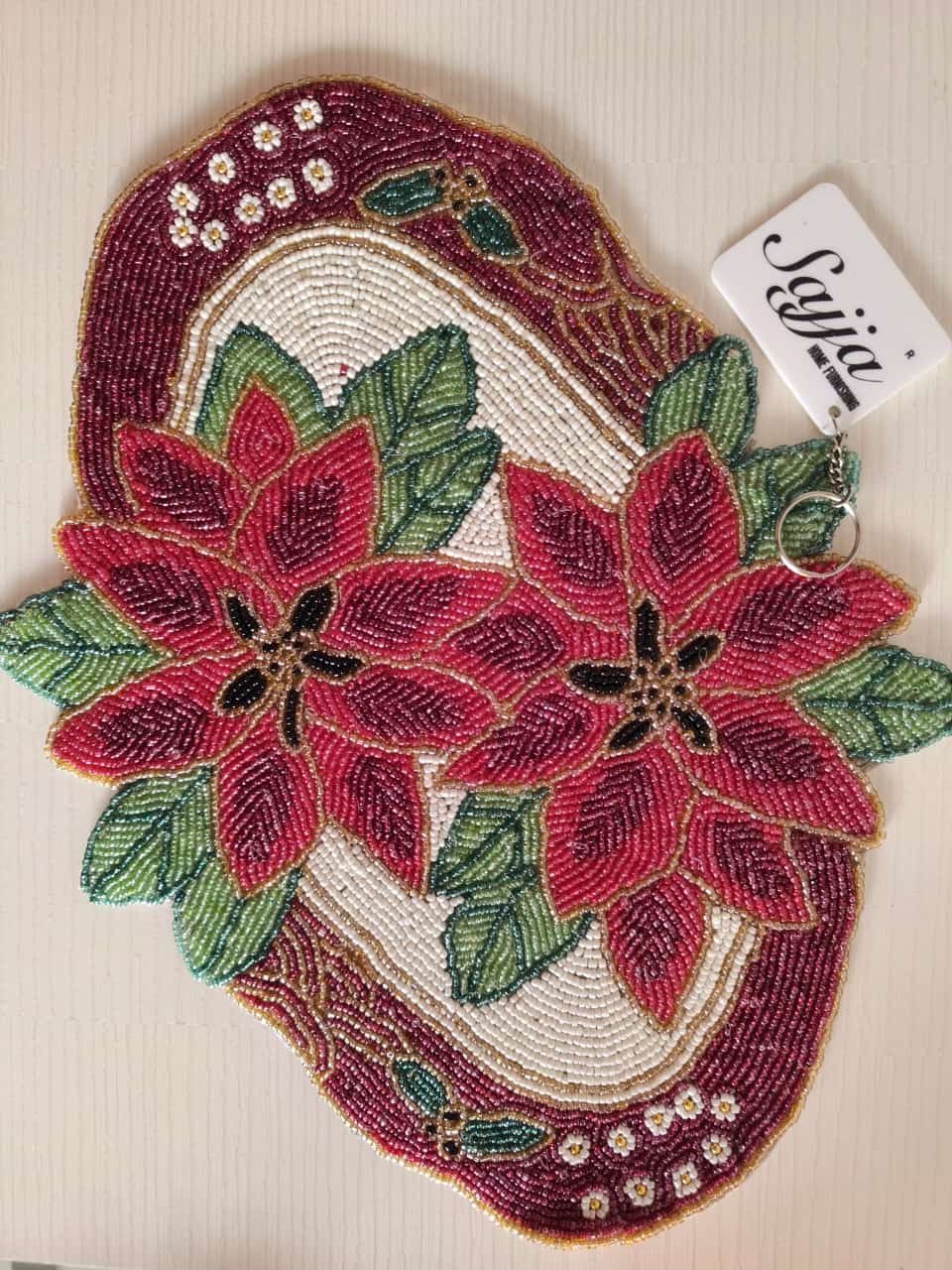 Pretty Poinsettia Rich Red Maroon Floral Beads Oval Table Placemat Mat