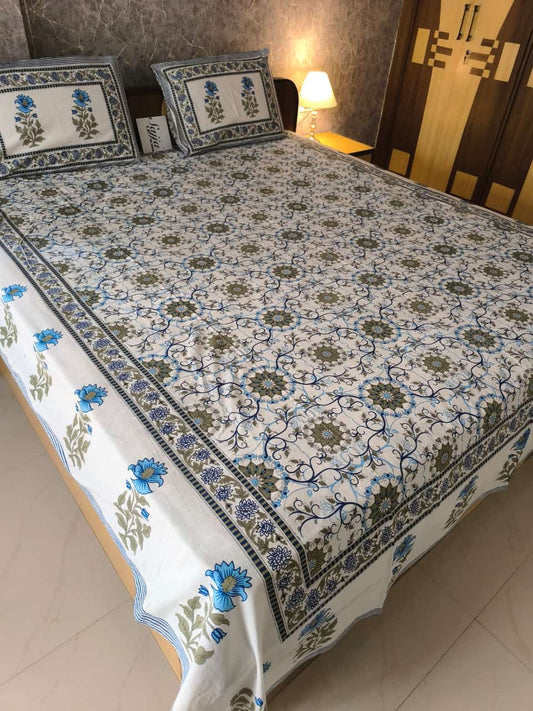 Traditional Anokhi Print Blue Floral Pure Cotton Double bed King Bedsheet