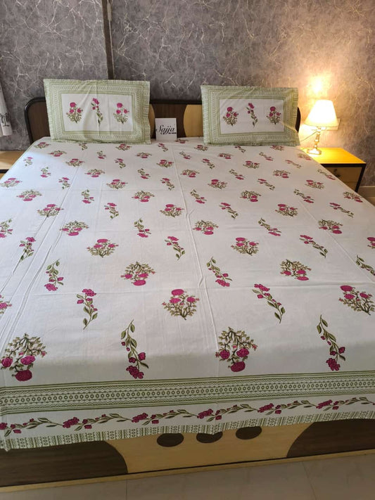 Sajja Hand Block Bedsheet Floral Guldasta Queen Smaller King 95 x 108 inches