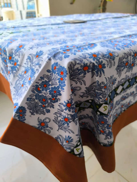 Elegant Blue Floral Dining Table Cloth -4 Seater Table Cover 54 IN x 78 IN  with Rust Border