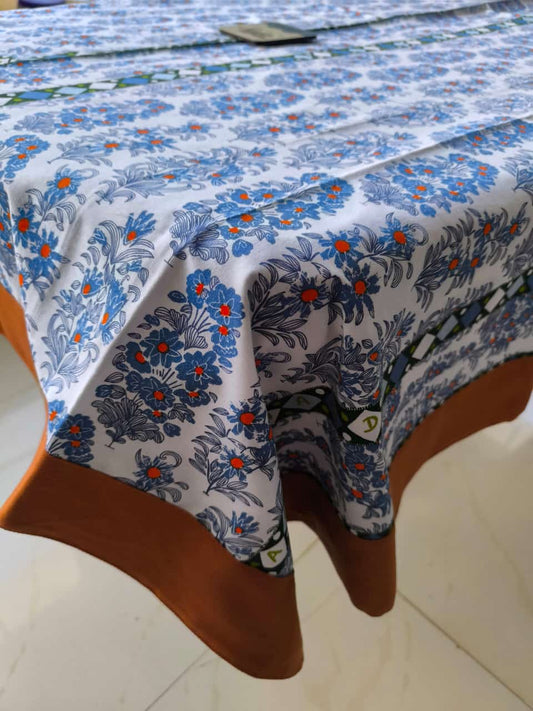 Elegant Blue Floral Dining Table Cloth -4 Seater Table Cover 54 IN x 78 IN  with Rust Border