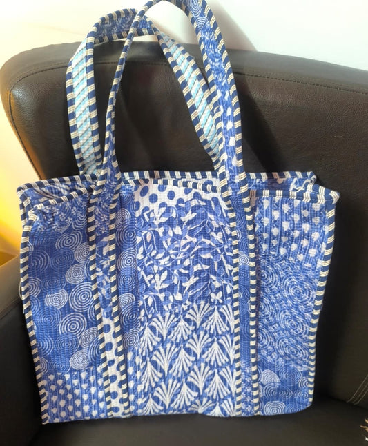 Blue Indigo Leela Block printed Tote Bag for Women Girl Unisex