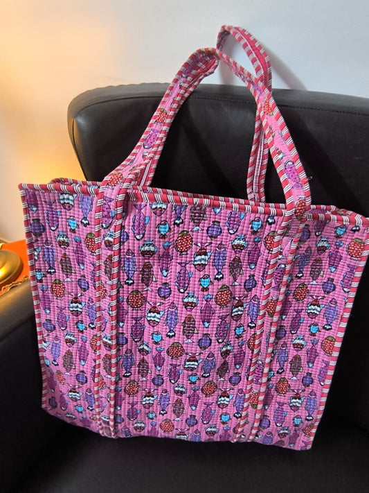 Pink Purple Fish Hand block Printed Quilted Tote Bag with concealed zip 15x 18x 5 inches