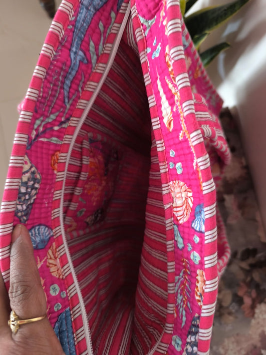 Designer Pink Sea World Multi Cotton Tote with zip | Lunch bag | Shoulder Bag