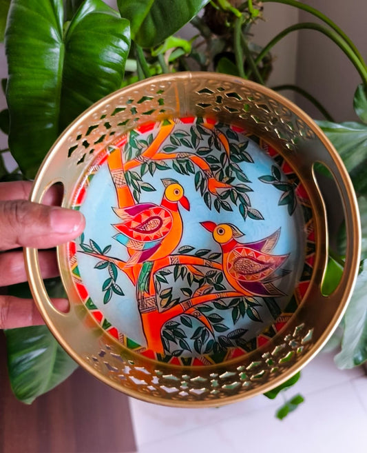 Round Bright Blue Birds Madhubani Metal Decorative Tray (6" inches)