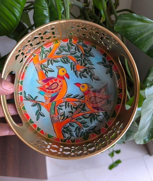 Round Bright Blue Birds Madhubani Metal Decorative Tray (6" inches)
