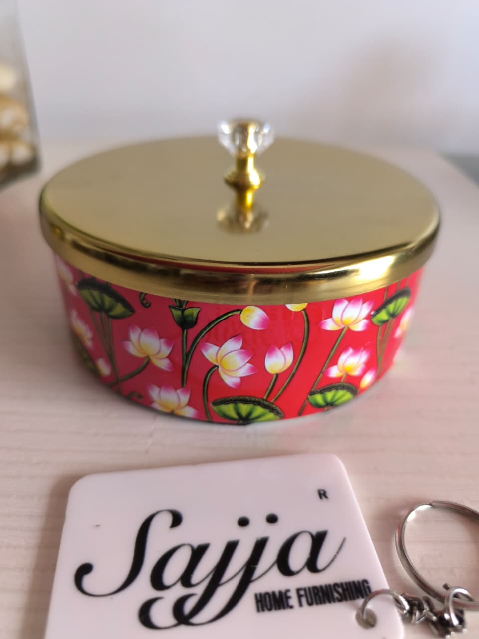 Decorative Red Round Pichwai Jar With Gold plated Lid (5 x 2 " inches) | Storage Metal container | Dry Fruit Jar