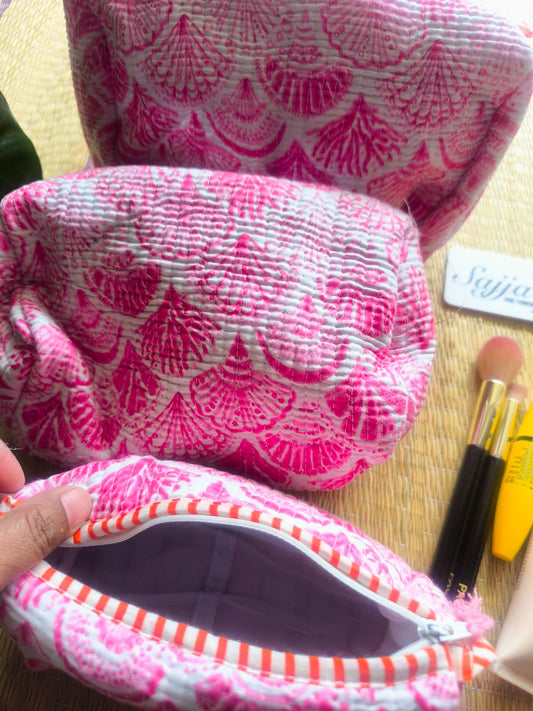Hand Block Printed Cotton Quilted Floral Toiletry Bag 3 Piece Combo Set Waterproof Travel Kit