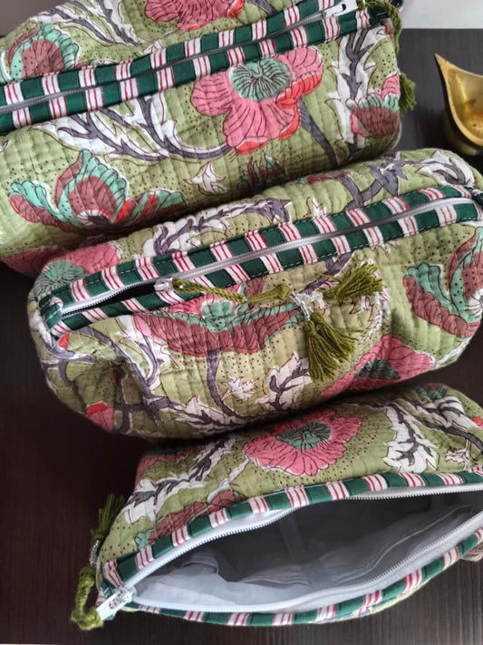 Buy Sajja Hand Block Sage Green Floral Print Travel Kit | Cotton Pouch Bag Travel Utility Set of 3